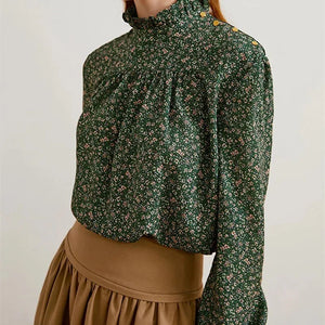 VILZSTUDIOS Luxurious Green Silk Turtleneck Blouse