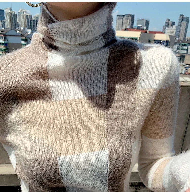VILZSTUDIOS Turtleneck Plaid Slim Knitted Sweater