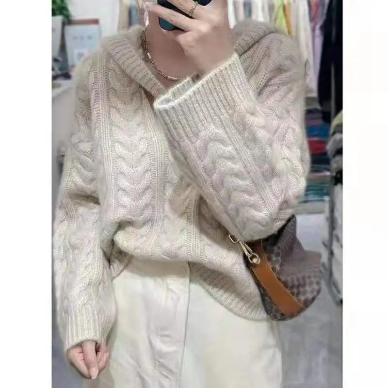 VILZSTUDIOS Hooded Loose V-Neck Sweater