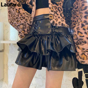 VILZSTUDIOS Lace Up Black Leather Mini Skirt