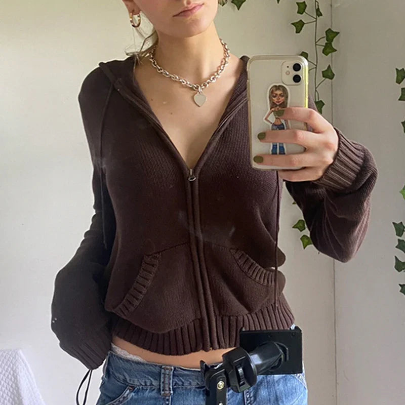 VILZSTUDIOS Vintage Knitted Zip-Up Hooded Cardigan