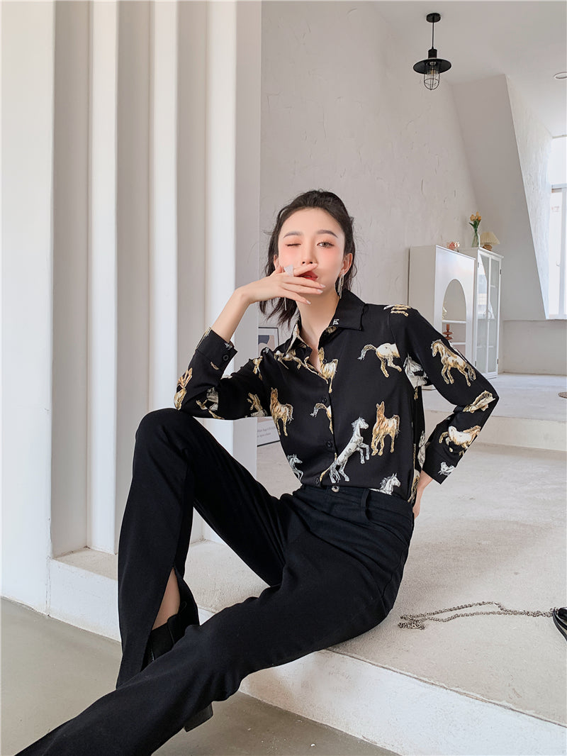 VILZSTUDIOS Chic Chiffon Horse Print Button-Up Shirt