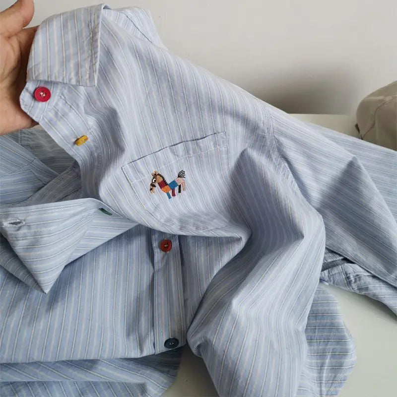 VILZSTUDIOS Cool Cartoon Embroidery Striped Shirt