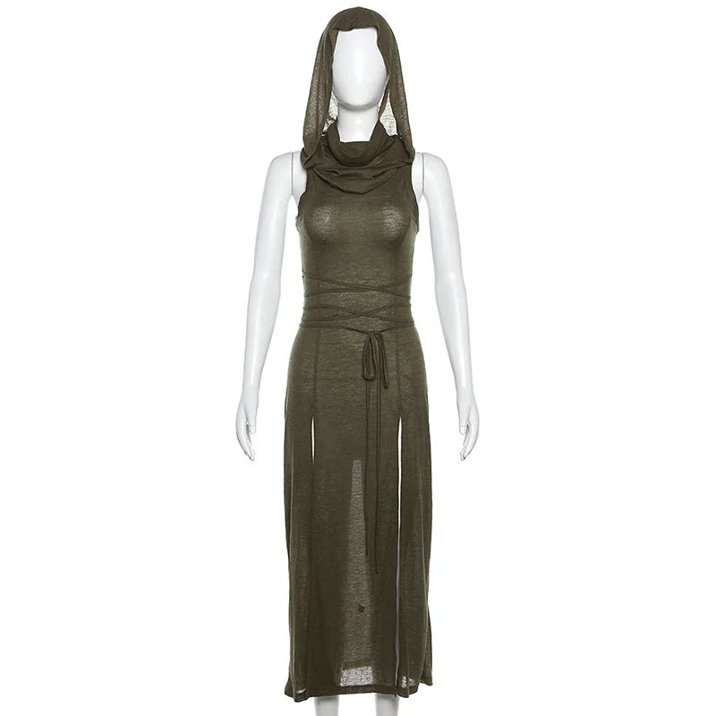 VILZSTUDIOS Gothic Sleeveless Ruffles Mesh Midi Dress