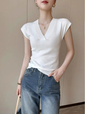 VILZSTUDIOS Sexy White V-Neck Knit T-Shirt