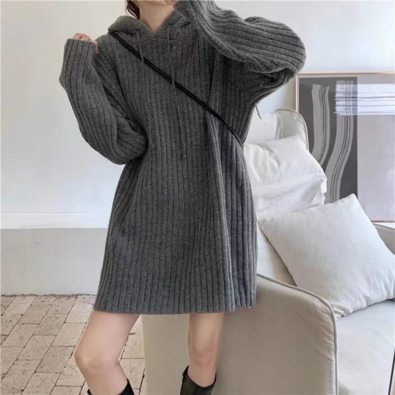 VILZSTUDIOS Cozy Wool Knitted Hooded Mini Dress