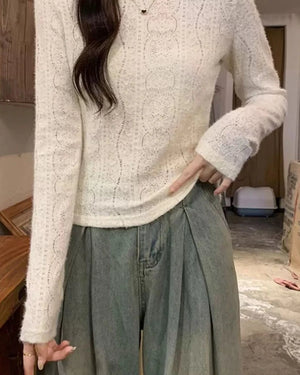 VILZSTUDIOS Lace Hollow Out Slim Long Sleeve Top