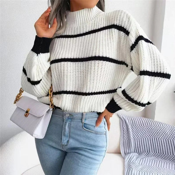 High Collar Pullover Knit Striped Sweater