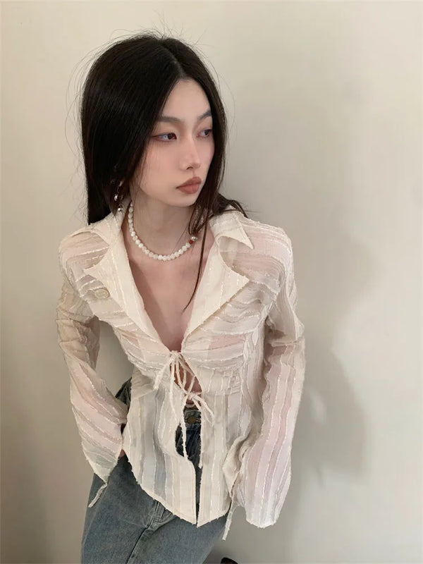Apricot Fairycore Lace Up Cropped Blouse