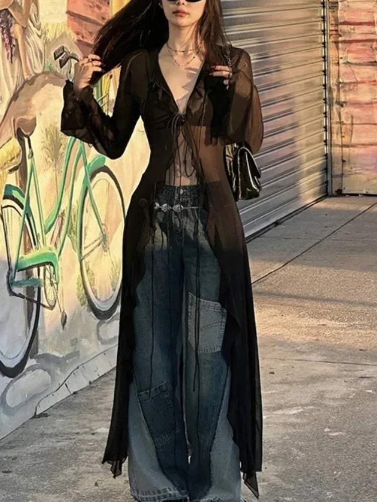VILZSTUDIOS Black Vintage Y2K See-Through Cardigan Blouse