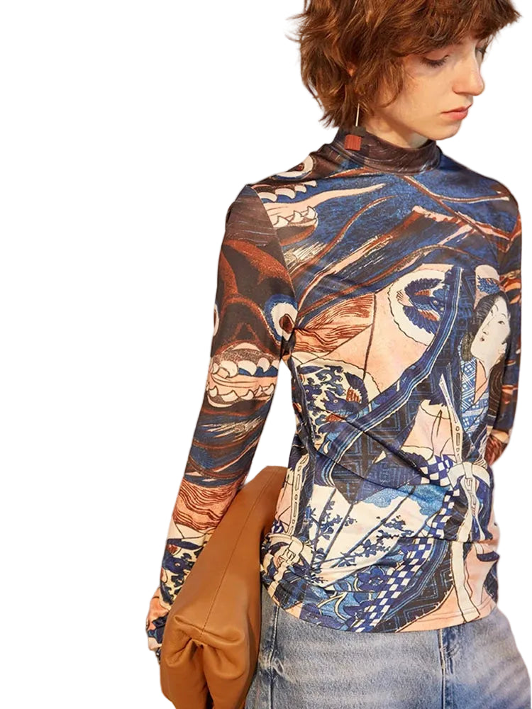 VILZSTUDIOS Blue Ukiyoe Designer Turtleneck Long Sleeve Top