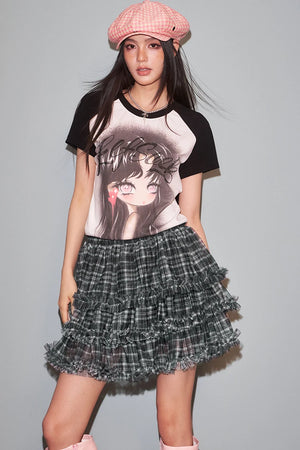 VILZSTUDIOS Ruffle Plaid Mesh Mini Skirt