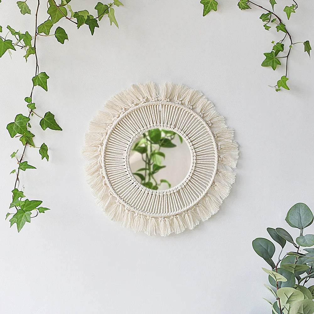 VILZSTUDIOS Boho Macrame Wall Mirror Home Decor Decorative Mirrors Aesthetic Room Decor Wall Mirrors for Living Room Bathroom Decoration