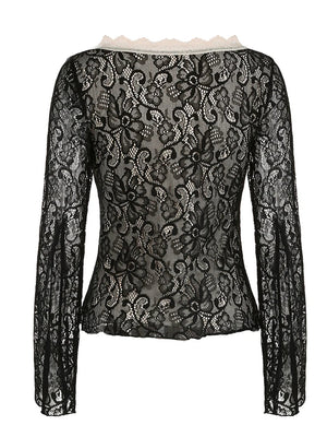 VILZSTUDIOS Floral Lace Tie Front Flounce T-Shirt