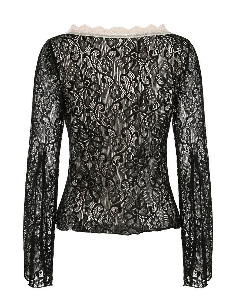 VILZSTUDIOS Floral Lace Tie Front Flounce T-Shirt
