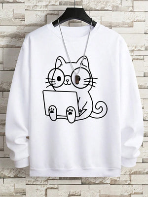 VILZSTUDIOS Nerdy Cat Print Loose Long Sleeve Top