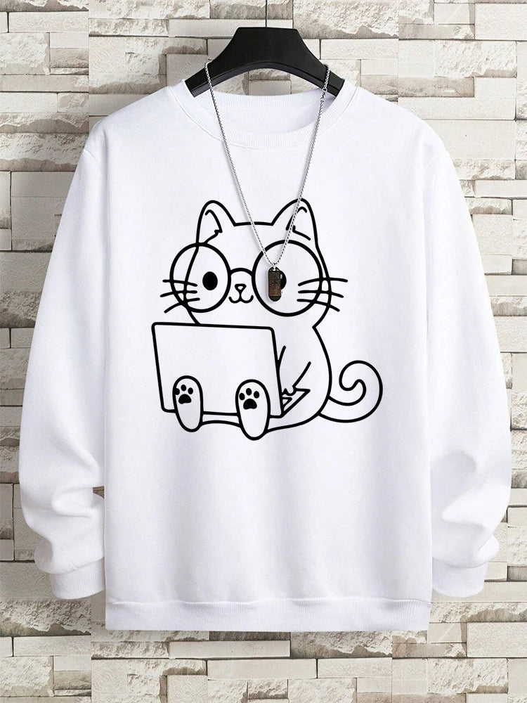 VILZSTUDIOS Nerdy Cat Print Loose Long Sleeve Top