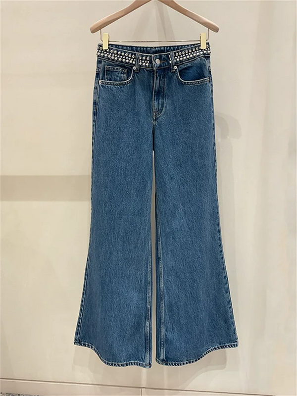 Blue Rivet Decoration High Waist Jeans