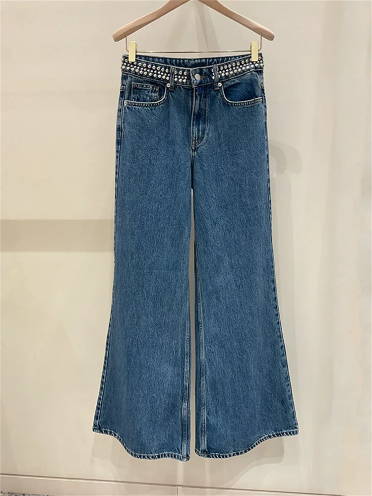 VILZSTUDIOS Blue Rivet Decoration High Waist Jeans