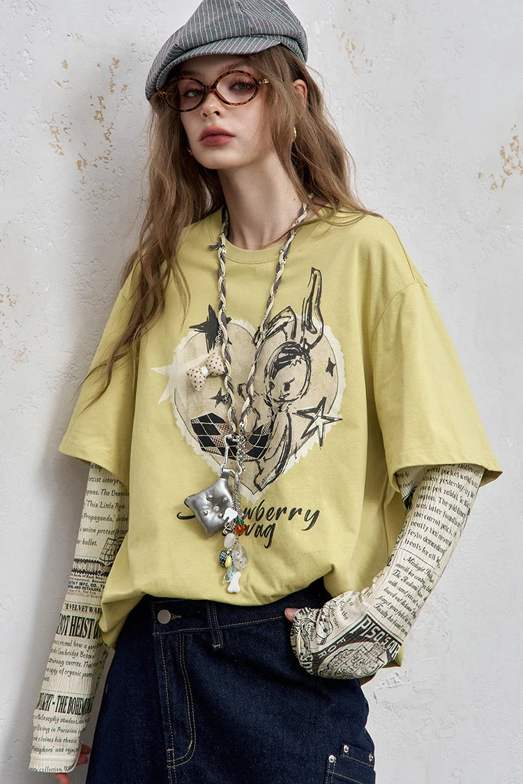 VILZSTUDIOS Oversized Newspaper Print Long Sleeve T-Shirt