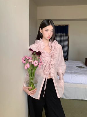 VILZSTUDIOS Ruffled Sheer Long Sleeve Designer Shirt