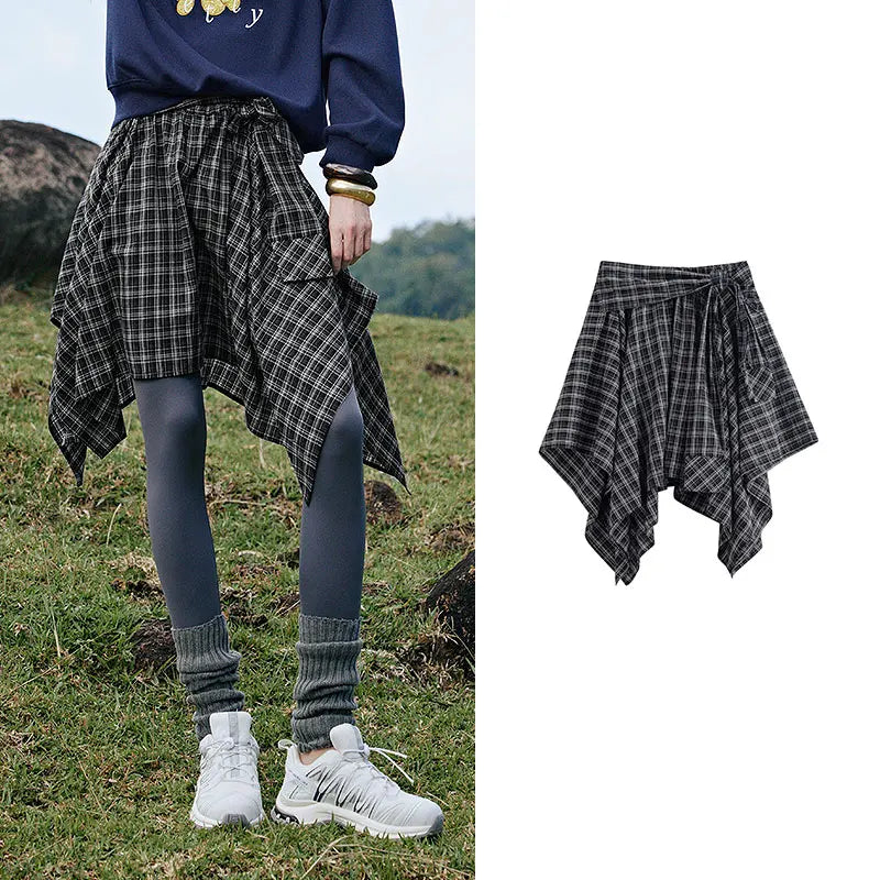 VILZSTUDIOS Retro Plaid Irregular Strap Mini Skirt