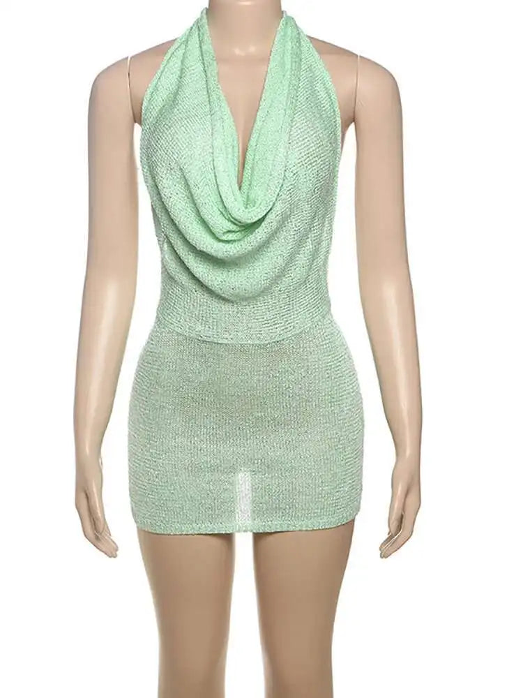 VILZSTUDIOS Yellow Glitter Sequin Halter V-Neck Dress