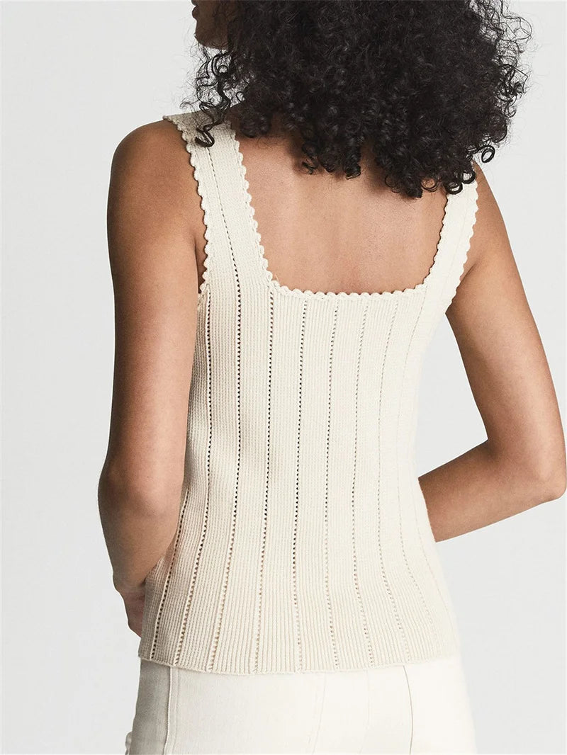 VILZSTUDIOS Hollow Out Lace Trim Knit Tank Top