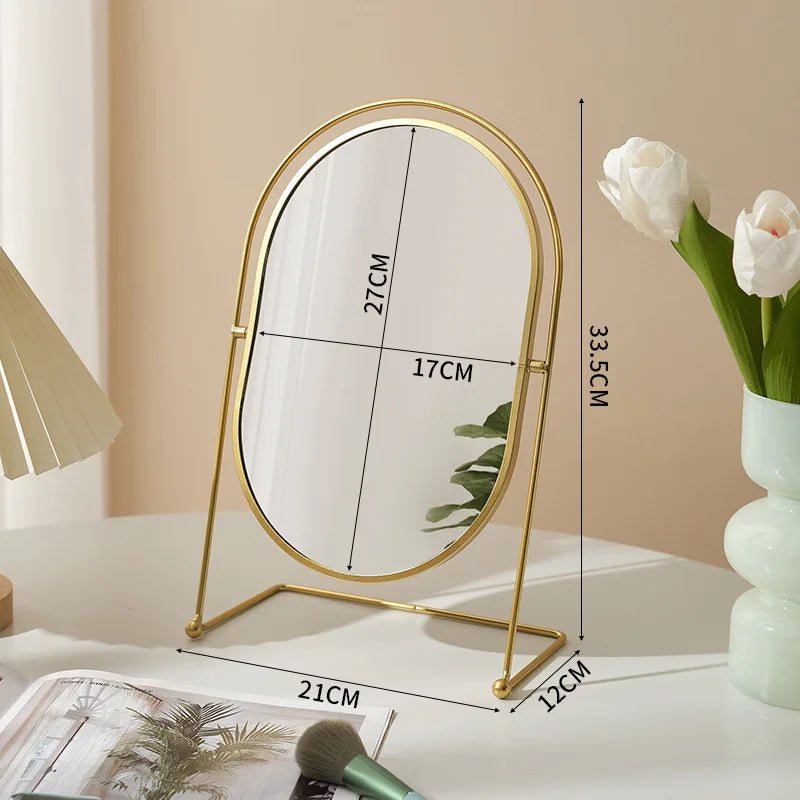 VILZSTUDIOS 360°Rotate Oval Makeup Mirror Nordic Brass Gold Metal Retro Dressing Desktop Bedroom Square Round Dormitory Makeup Mirror