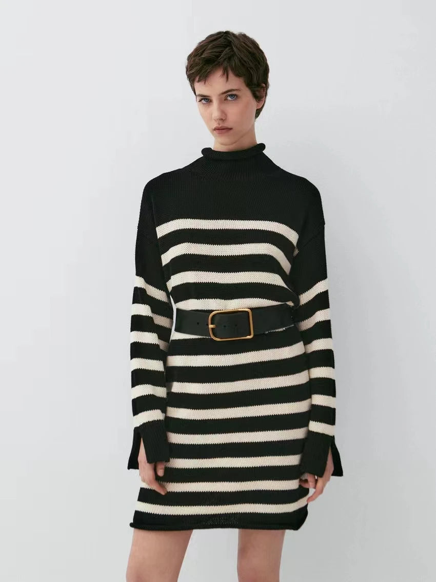 VILZSTUDIOS Slim Fit Striped Turtleneck Mini Dress