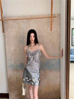 VILZSTUDIOS Silver Sequin Ruffles Tank Top