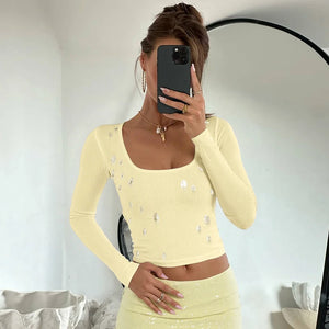 VILZSTUDIOS Sexy Square Collar Long Sleeve Top