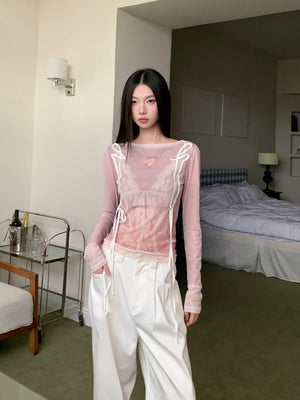 VILZSTUDIOS Pink Lace Print Mesh Long Sleeve Top