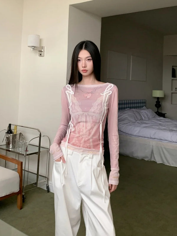 Pink Lace Print Mesh Long Sleeve Top