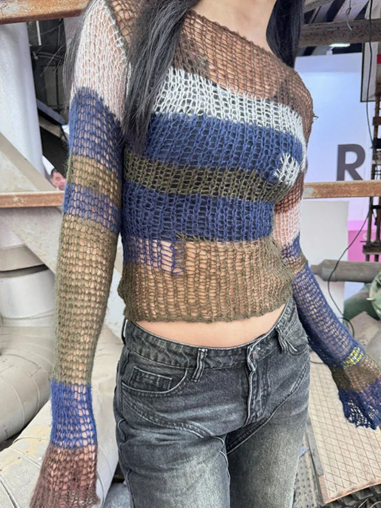 VILZSTUDIOS Gothic Hollow Knitted Sweater Contrast Stripe