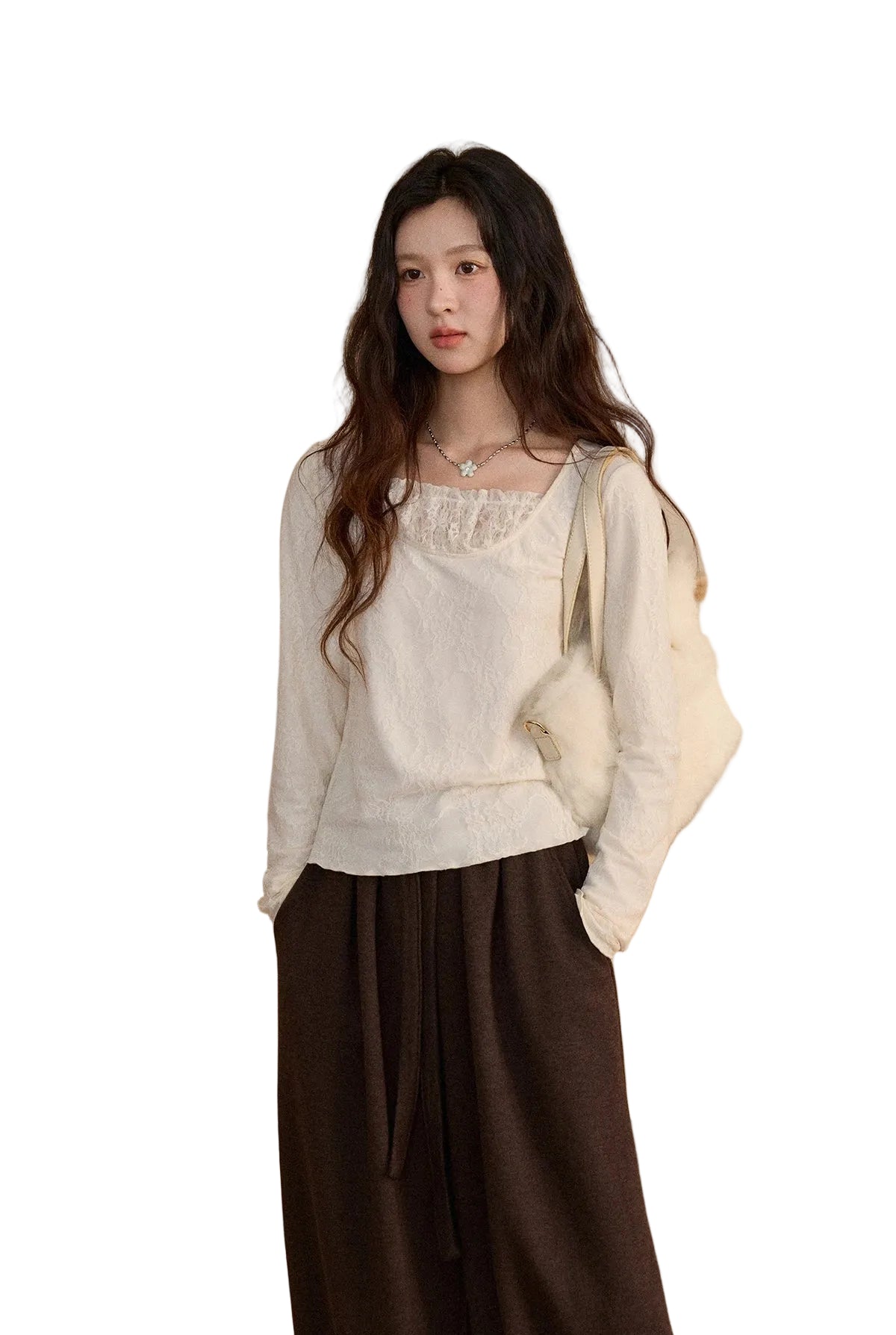 VILZSTUDIOS Elegant Beige Lace Patchwork Long Sleeve Top