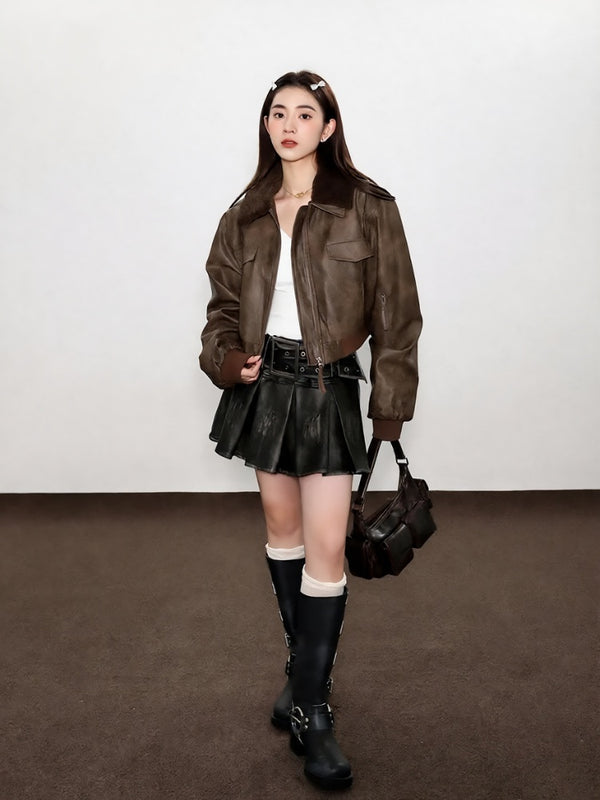 Distressed Pleated Faux Leather Skirt