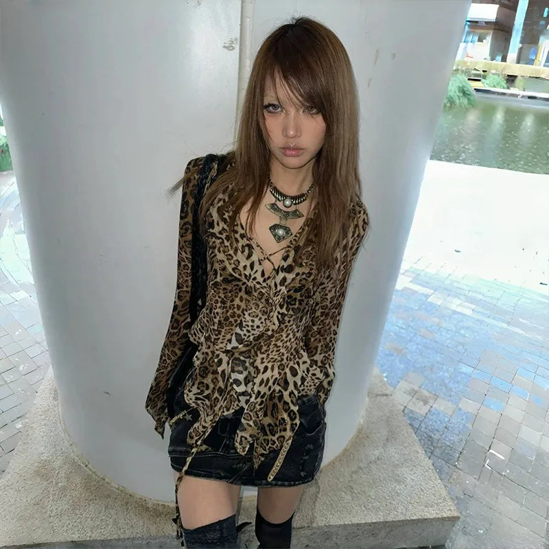 VILZSTUDIOS Vintage Leopard Print Ruffled Blouse