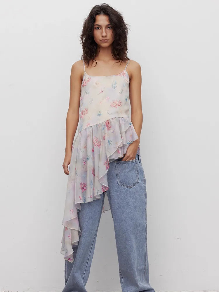 VILZSTUDIOS Floral Ruffles Asymmetrical Tank Top