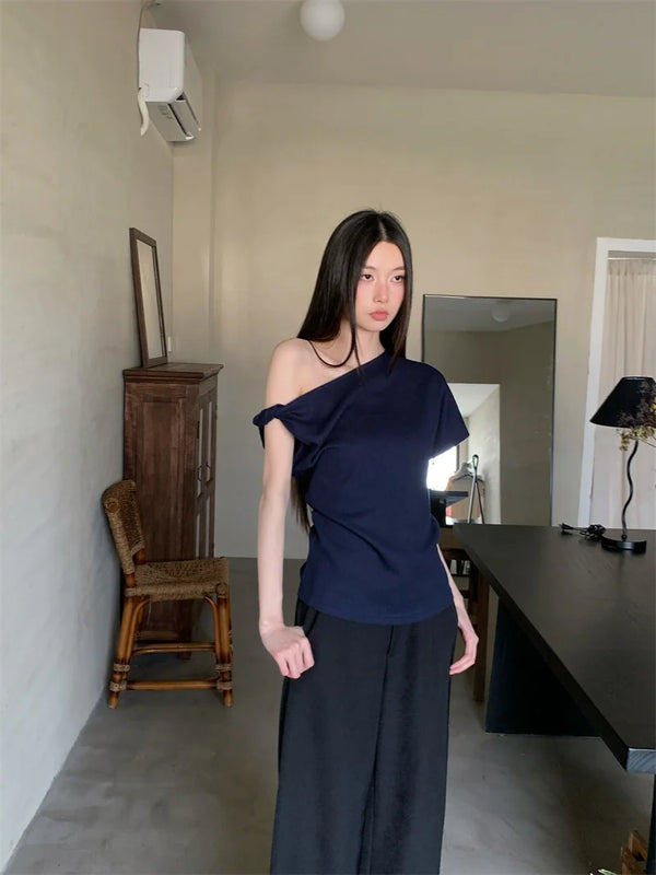 Navy Blue Off-Shoulder T-Shirt