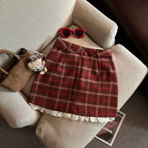VILZSTUDIOS Plaid Lace Mini Skirt