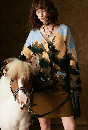 VILZSTUDIOS Wild Horse Oil Painting V-Neck Cardigan