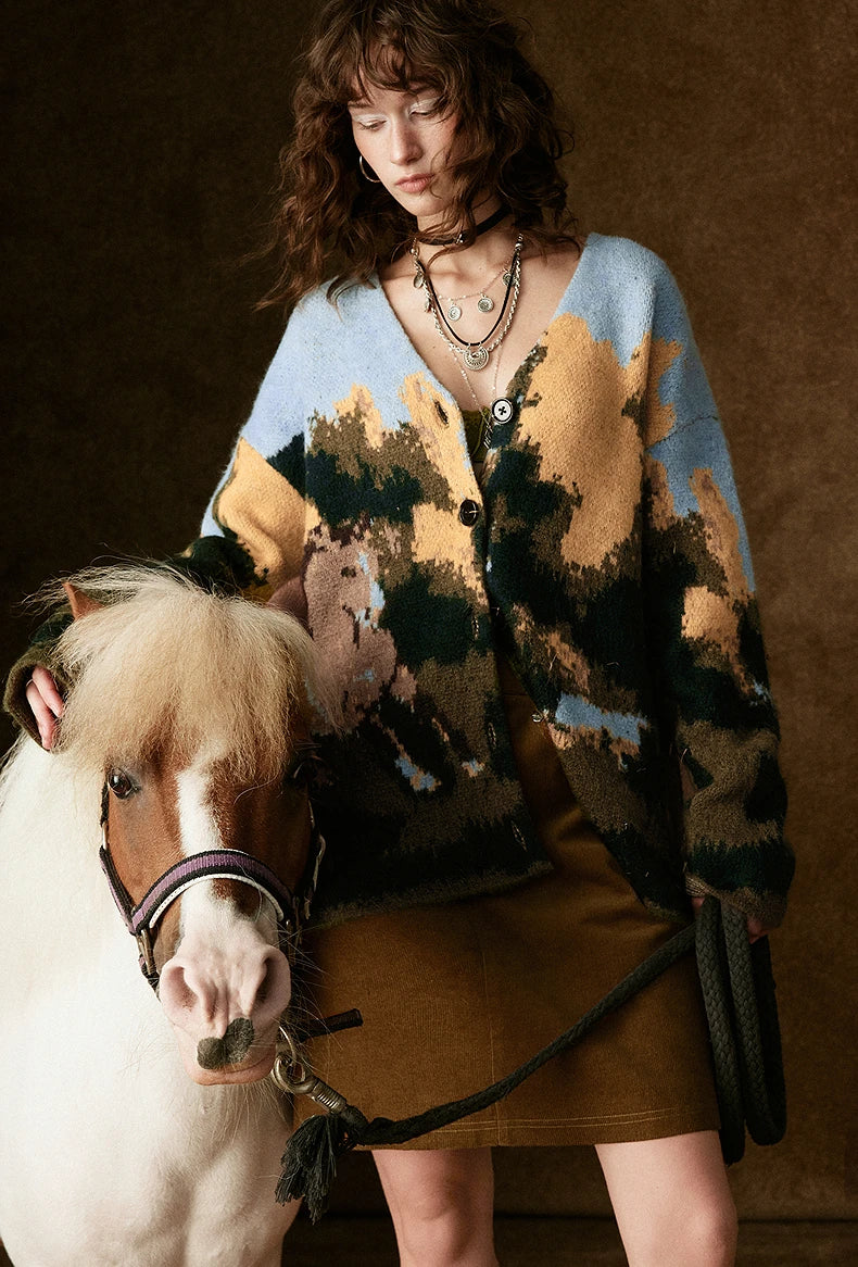VILZSTUDIOS Wild Horse Oil Painting V-Neck Cardigan