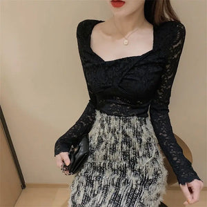 VILZSTUDIOS Lace Hollow Out Long Sleeve Top