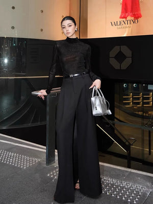 VILZSTUDIOS Elegant Black Flowy High Slit Skirt