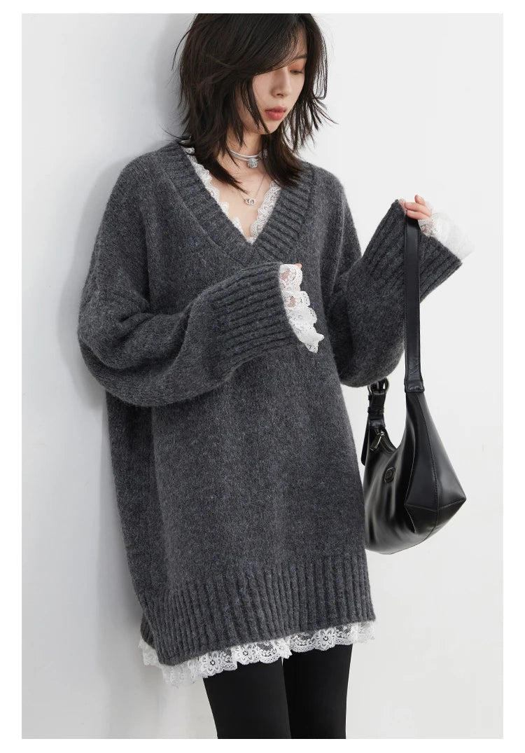 VILZSTUDIOS Casual Loose V-Neck Knit Sweater