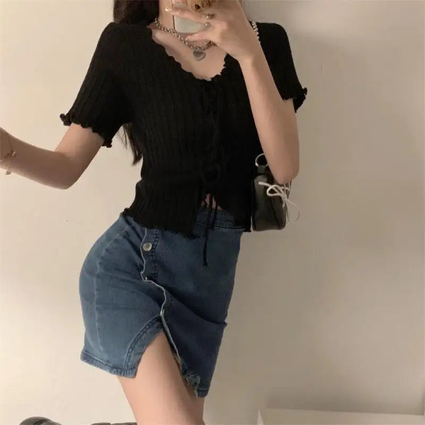 V-Neck Knitted Crop Top