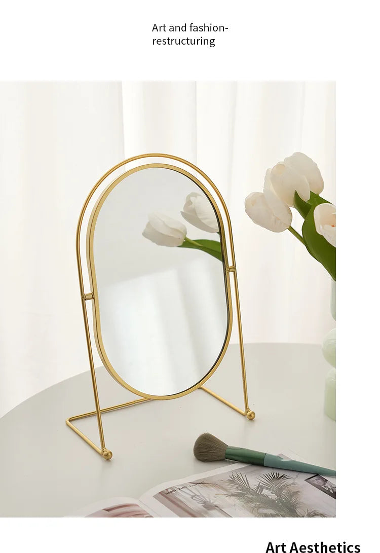 VILZSTUDIOS 360°Rotate Oval Makeup Mirror Nordic Brass Gold Metal Retro Dressing Desktop Bedroom Square Round Dormitory Makeup Mirror