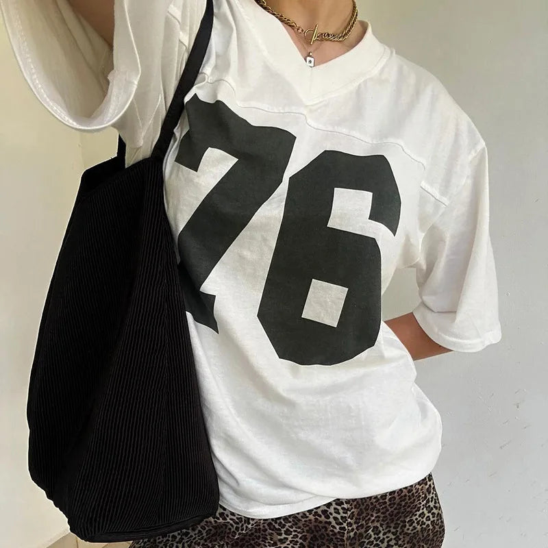 VILZSTUDIOS Sporty Number Printed V-Neck T-Shirt