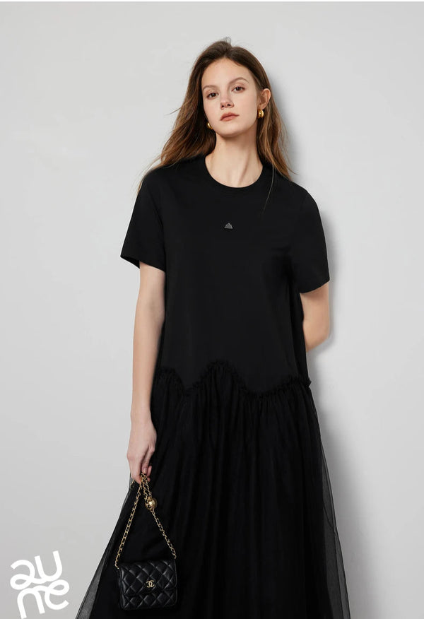 Stylish Mesh Splicing Mid-Length Skirt T-Shirt